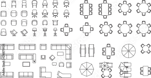 Furniture top view vector set with chairs tables and sofas for architectural floor plan design