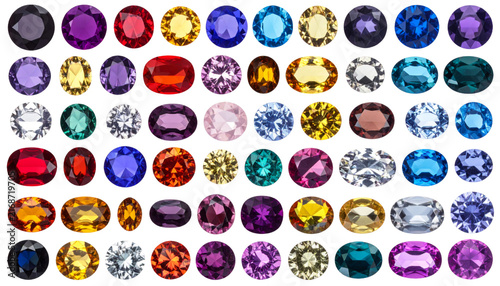 Large collection of sparkling multi-colored faceted gemstones isolated on a black background.