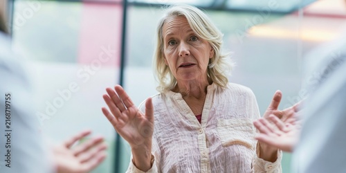 An older woman is engaged in a conversation, gesturing with her hands as she speaks to two other individuals. She has fair skin, blonde hair, and appears to be in her late 60s or early 70s