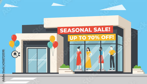 Modern boutique storefront displaying a big seasonal sale up to seventy percent off sign with mannequins in the window.