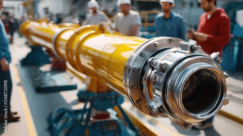 Industrial Assembly Line: A large yellow industrial pipe component, likely part of a pump or pipeline system, sits on an assembly line with workers in the background.