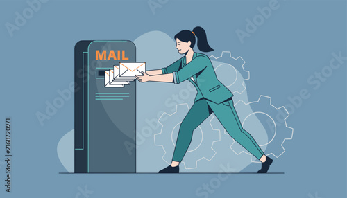 Woman in a professional suit inserts multiple envelope letters into a blue digital mail kiosk, representing automation.
