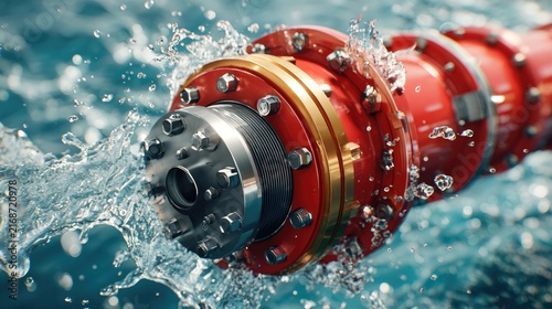 Submarine Cable Connection: A robust orange and red connector, likely part of a submarine communication cable, is submerged in clear blue water, with droplets splashing around the metallic joint.