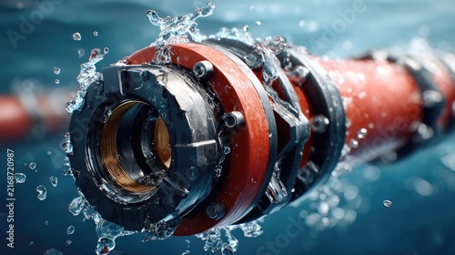 Underwater Connection: A robust industrial cable connection, submerged in water, showcases intricate mechanical details and the dynamic splash of water around its robust housing.
