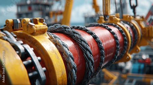 Industrial Machinery Close-up: A detailed, macro shot of industrial machinery, focusing on the intricate winding of thick cables around a vibrant red pipe.