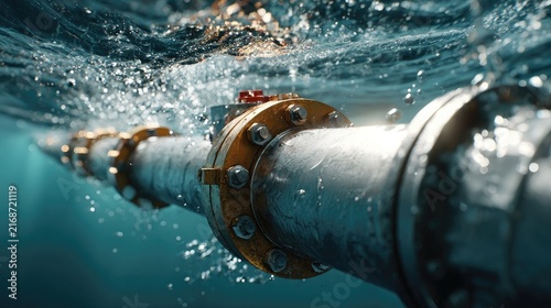 Submerged Pipeline Infrastructure: A robust pipeline system lies submerged underwater, with water flowing and bubbling around its metal joints and flanges.