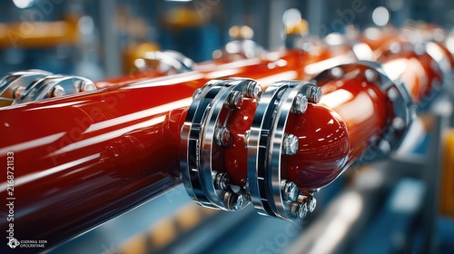 Industrial Pipeline System: Close-up of a large red industrial pipeline with multiple bolted flanges, suggesting a complex network of pipes in a factory or processing plant.