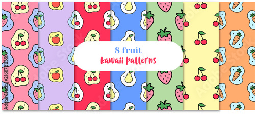 Collection of eight colorful seamless patterns with cute hand-drawn fruits and vegetables, including cherries, strawberries, apple, pear and carrot. Playful kawaii backgrounds ideal for fabric