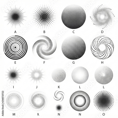 Set of abstract halftone dots and spiral circle vector design elements with spheres and starburst patterns