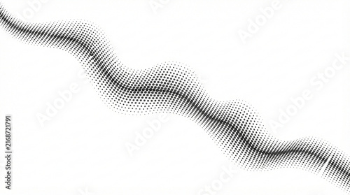 Abstract halftone wave pattern with black dots creating dynamic curved lines on white background