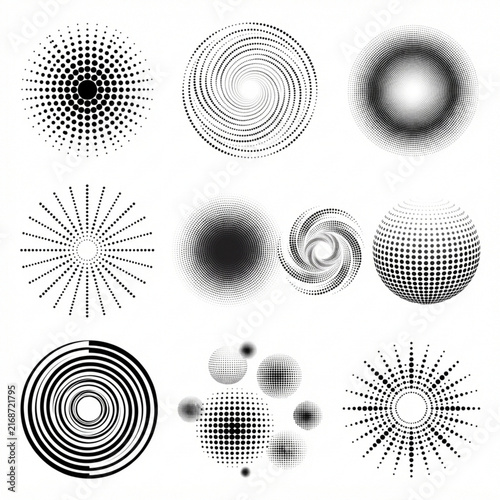 Halftone circular shapes set with dots spirals sunbursts and spheres in black and white dot spirals sunburst