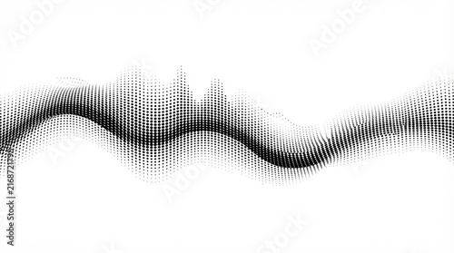 Abstract halftone sound wave graphic made of black dots creating audio frequency visualization with dot matrix