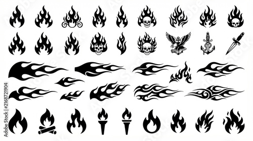 Fire and Grass Flame Collection, Set of Burning Fire Flames and Fiery Elements Isolated on White Background for Energy, Heat, Nature and Abstract Design