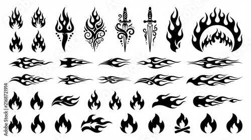 Set of Fire Flames Vector Collection, Burning Flame Icons and Fiery Elements Isolated on White Background, Abstract Fire Symbols for Design, Energy, Heat and Illustration