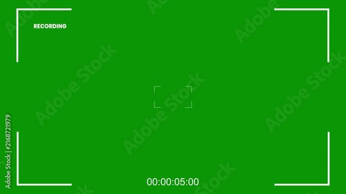 Camera recording screen overlay, mirrorless cam viewfinder frame animation template, digital video recorder user interface display, setting time data production design, green background video