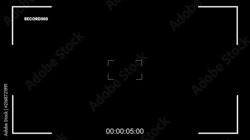 Camera recording screen overlay, mirrorless cam viewfinder frame animation template, digital video recorder user interface display, setting time data production design, black background video