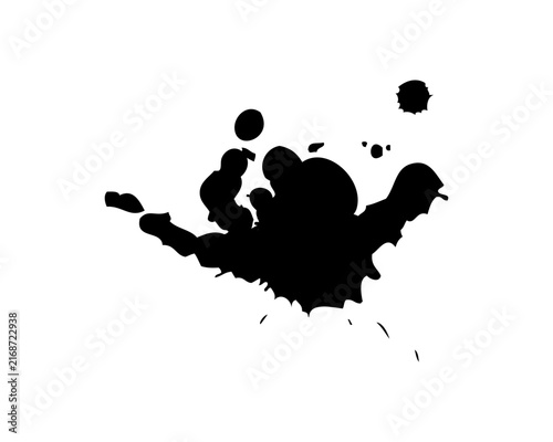 Black ink splash shape with artistic splatter elements for creative digital design projects and textured graphical compositions in diverse modern media layouts.