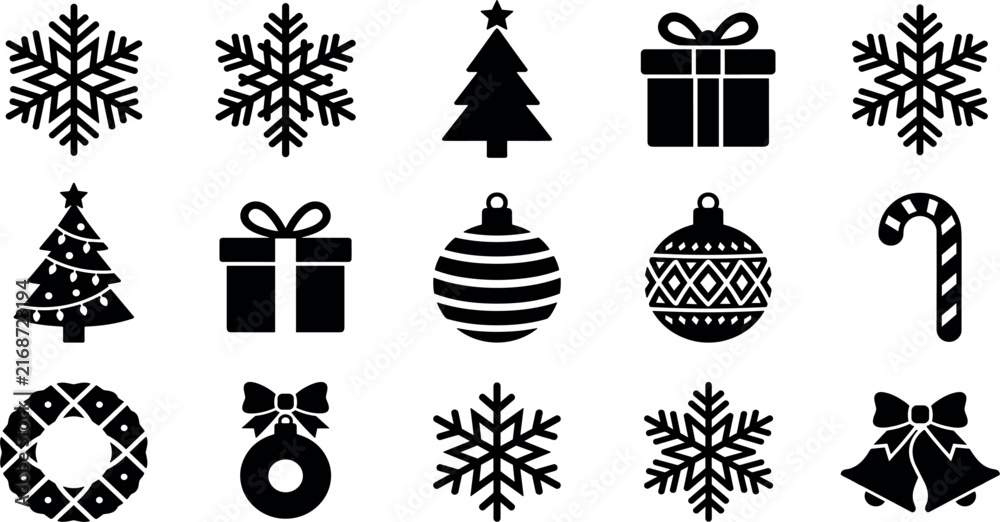 Fototapeta premium Christmas holiday black silhouette icon vector set featuring snowflakes trees gift boxes baubles bells and winter wreaths on white background