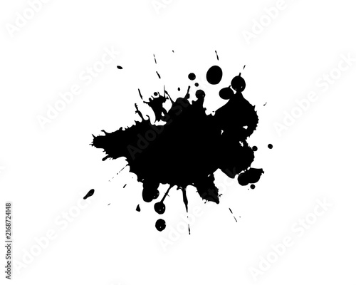 Black ink splat with spray droplets and jagged edges for grunge design elements provides artistic messy texture suitable for creative poster background projects.