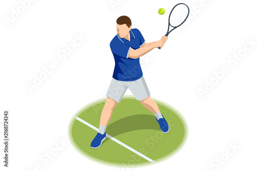 Bild auf Leinwand Isometric male tennis player hitting two-handed backhand during match training a