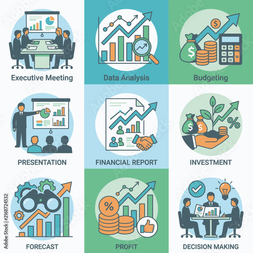 Colorful icons representing various business and financial concepts.