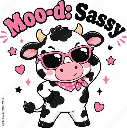 Cute Cartoon Cow with Pink Sunglasses and Bandana - Moo-d Illustration. A cute, black and white spotted cartoon cow wearing pink sunglasses and a pink polka-dot bandana, featuring Moo-d text and stars