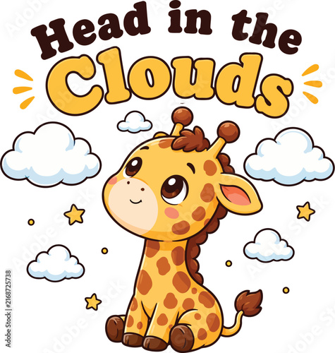 Cute Cartoon Giraffe Head in the Clouds Vector Illustration. Adorable baby giraffe character sitting among white clouds and yellow stars with text Head in the Clouds on a black background.