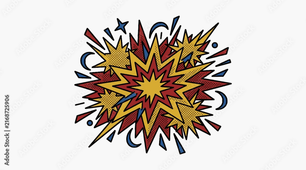 Obraz premium Retro comic book explosion vector with red and yellow starburst layers, halftone dot textures, and blue geometric shards isolated on a white background for graphic design projects.