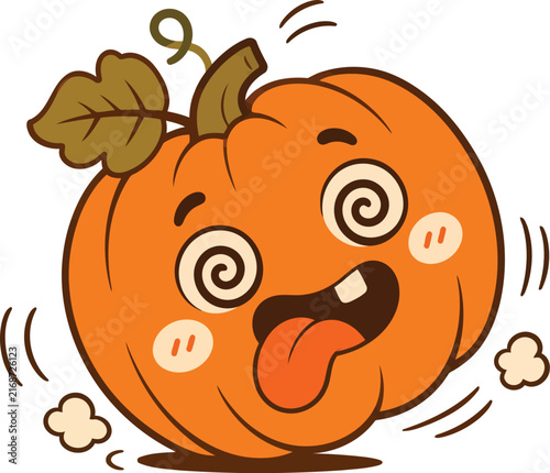 Cute Dizzy Cartoon Pumpkin Illustration for Halloween. A funny, dizzy orange pumpkin cartoon character with spiral eyes and tongue out, isolated on a black background. Perfect for Halloween designs.