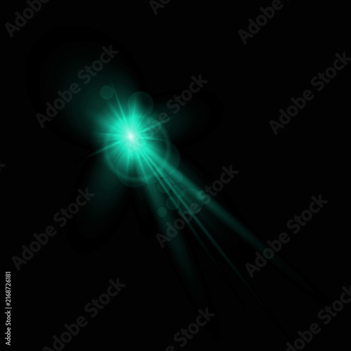 Fotografie A vibrant teal lens flare effect against a stark black background creating a dra