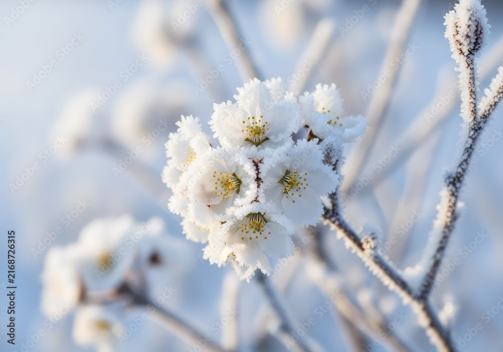 Obraz premium A magical winter garden glows under soft light, where crystalline frost covers delicate white flowers and ethereal snow-draped branches, vegetation, light, ice