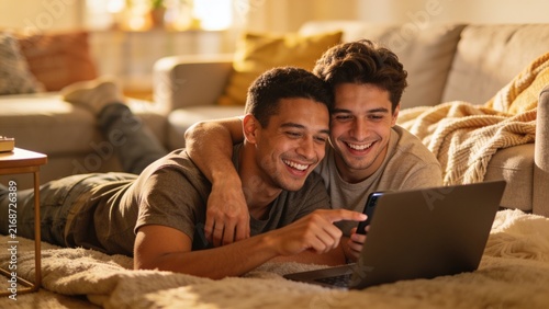 Loving male couple spending quality time on sofa, laughing together as one partner wraps an arm around his lover.