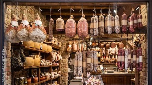 Traditional cured meats and cheeses hanging in a rustic Italian delicatessen window