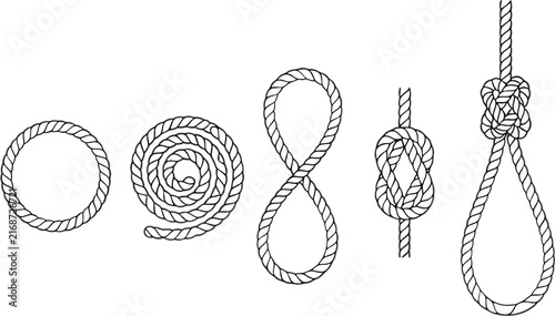 Detailed rope knots and loops vector graphics set