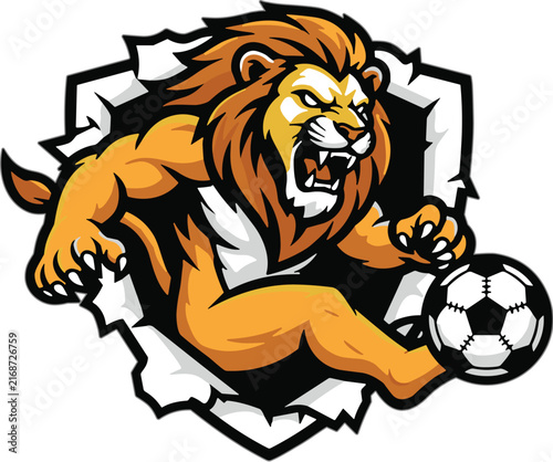 Fierce lion mascot playing soccer vector sports logo