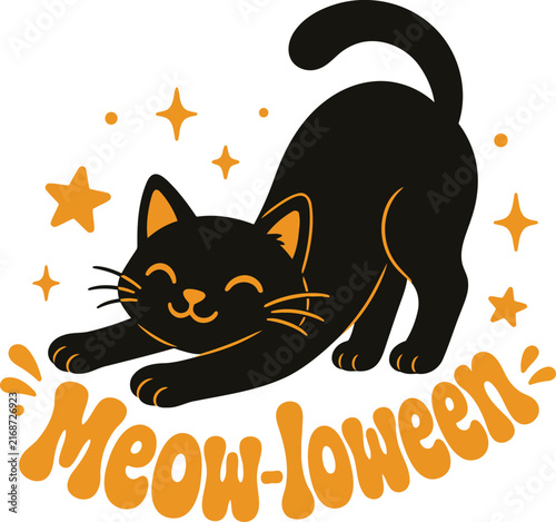 Meow-loween Cute Black Cat Halloween Vector Illustration. A playful black cat stretching with orange stars and retro Meow-loween text, perfect for Halloween apparel and decor.
