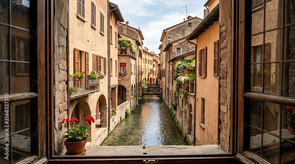 Fototapeta premium Window view of a scenic canal with historic buildings in Italian town