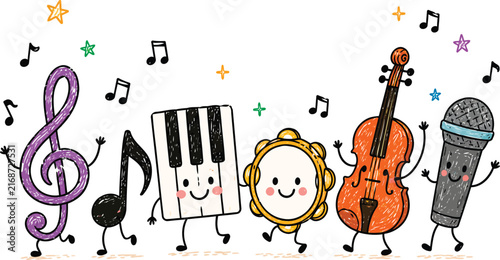 Cute Cartoon Musical Instruments and Symbols Hand Drawn Illustration on Black. A playful group of hand-drawn musical instruments with cute smiling faces, including a piano, violin, and tambourine