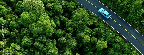aerial view of a winding asphalt road cutting through dense green forest. Scenic mountain roadway surrounded by lush tropical trees, ideal for travel, transportation, nature, adventure, sustainability