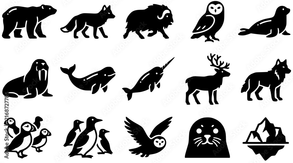 Fototapeta premium Arctic Animals Collection: Polar Bear, Fox, Musk Ox, Owl, Seal, Walrus, Narwhal
