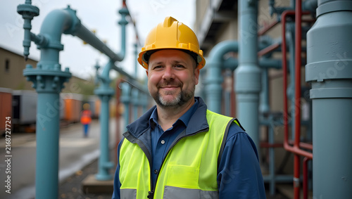 Professional water utility operator smiling while overseeing industrial facility operations surrounded by complex metal piping systems wearing safety gear hardhat vest for corporate business concept s