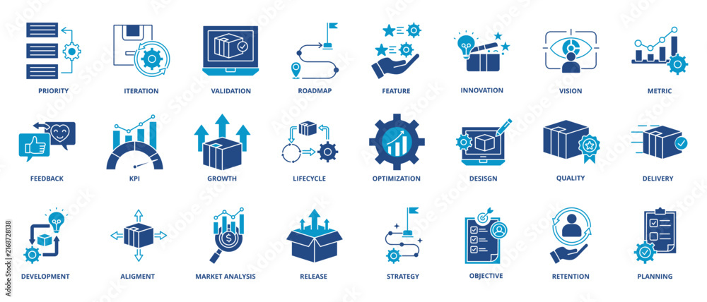 Fototapeta premium Product management solid icon set. Featuring task assignment, decision making, video conference, goal setting, and action items. Vector icons for presentations and reports