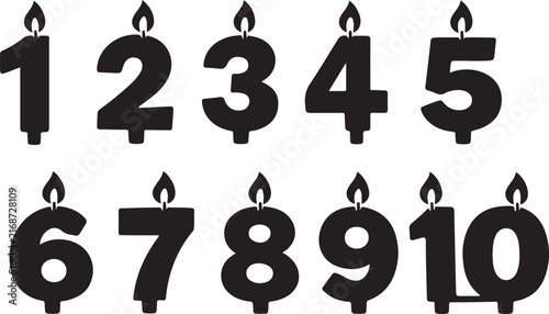 Set of birthday candle numbers from one to ten with burning flames for anniversary cake.