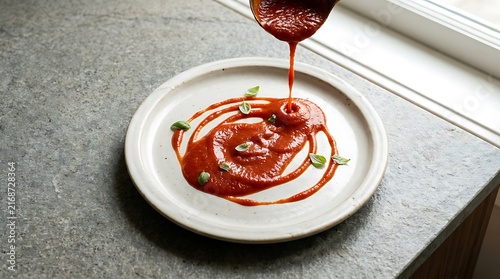 Fresh red tomato sauce being poured over pasta on a white plate. marinara drizzle