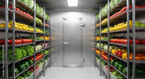 A professional stainless steel walk-in refrigeration chamber featuring organized metal shelves filled with fresh fruits and vegetables, walk-in, hygiene, retail