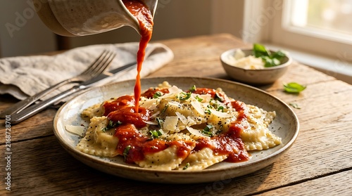 Fresh delicious ravioli pasta served on a plate with red tomato sauce pouring over it. marinara drizzle