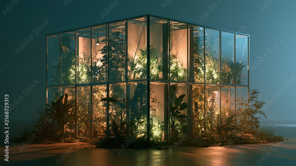 Fototapeta premium Clean glossy three dimensional render of a small greenhouse with glowing panes in a calm balanced composition with room for text