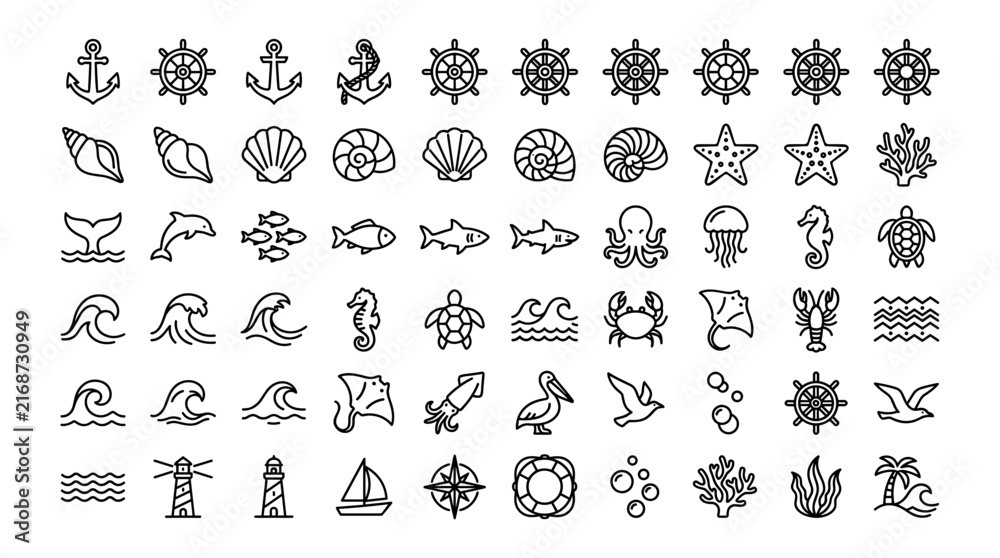 Obraz premium Nautical Icons Set with Anchors, Ships, Shells, Waves, and Marine Life. Simple Line Art Design for Various Creative Projects.