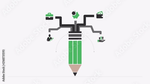 Creative conceptual design showing pencil with business and technology workflow elements.