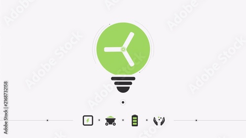 Green energy light bulb icon animation with renewable power symbols.
